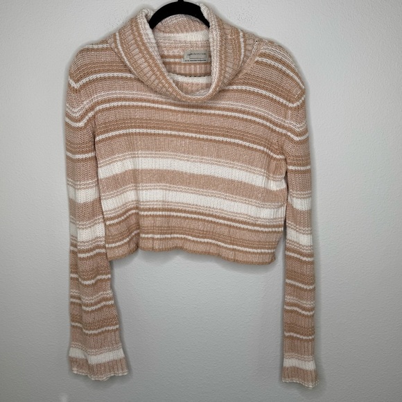 Urban Outfitters Long Sleeve Cowl Neck Striped Tan and White Cropped Sweater M - Picture 1 of 10